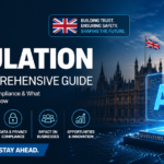 Digital news banner for UK AI Regulation News Today, featuring Big Ben, UK flags, AI holographic icon, and icons for new laws, data privacy, risk standards, business impact, and innovation.