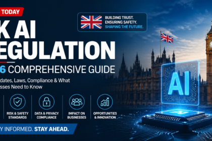 Digital news banner for UK AI Regulation News Today, featuring Big Ben, UK flags, AI holographic icon, and icons for new laws, data privacy, risk standards, business impact, and innovation.