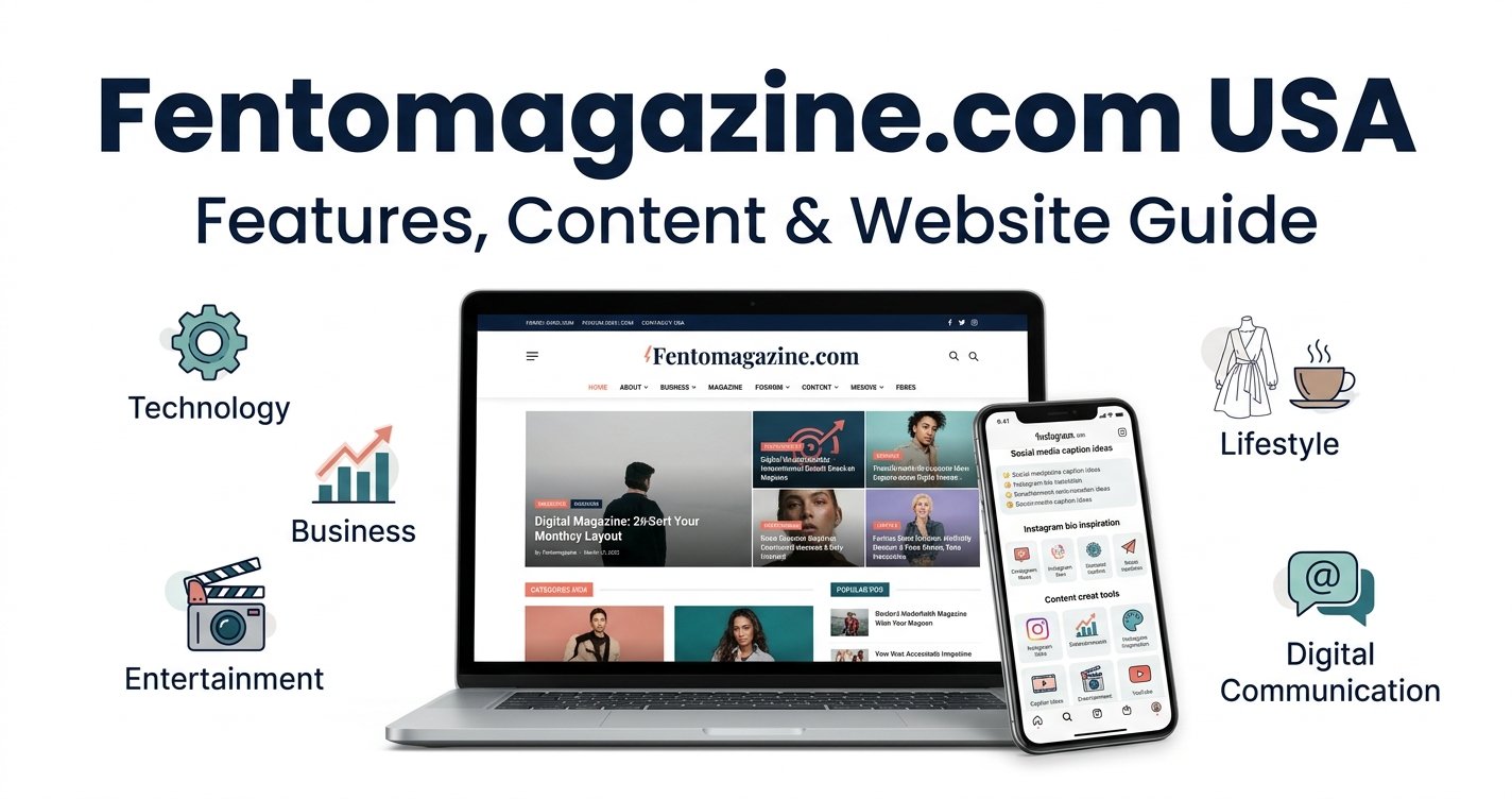 Fentomagazine.com USA website guide featuring a digital magazine, Instagram caption ideas, social media bio suggestions, and content creation tools.