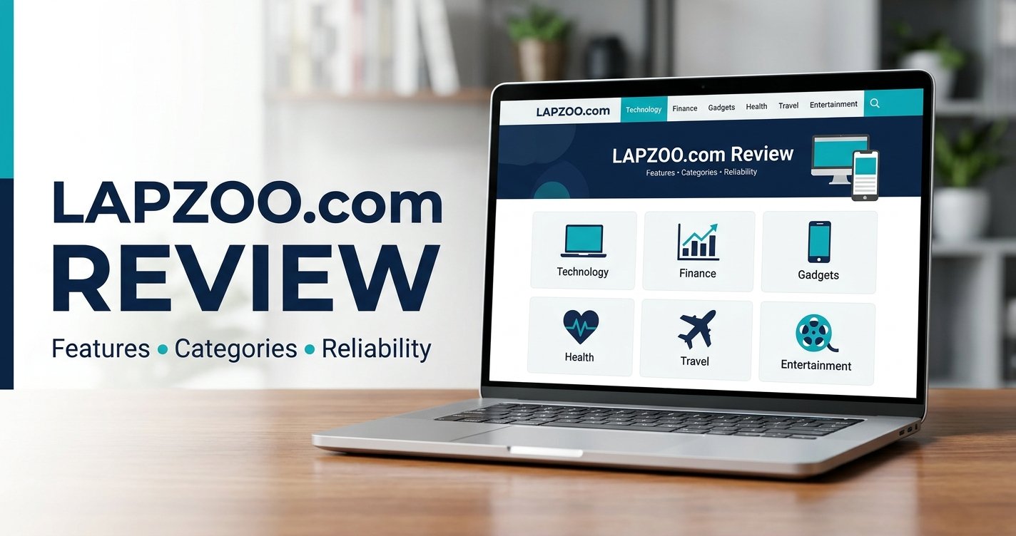 LAPZOO.com review showing a laptop with a multi-category informational website interface.