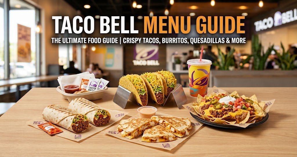 Taco Bell menu featuring tacos, burritos, quesadillas, and nachos.