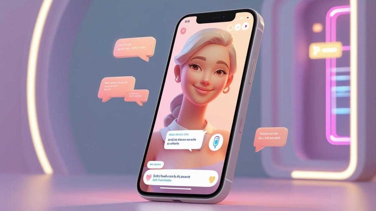HoneyGF AI girlfriend chat interface with a virtual avatar and digital privacy icons.
